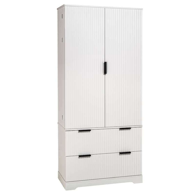 Fluted Kitchen Pantry Cabinet, 2 Doors Freestanding Kitchen Storage Cabinet with 2 Drawers, 8 Spice Racks & Adjustable Shelves