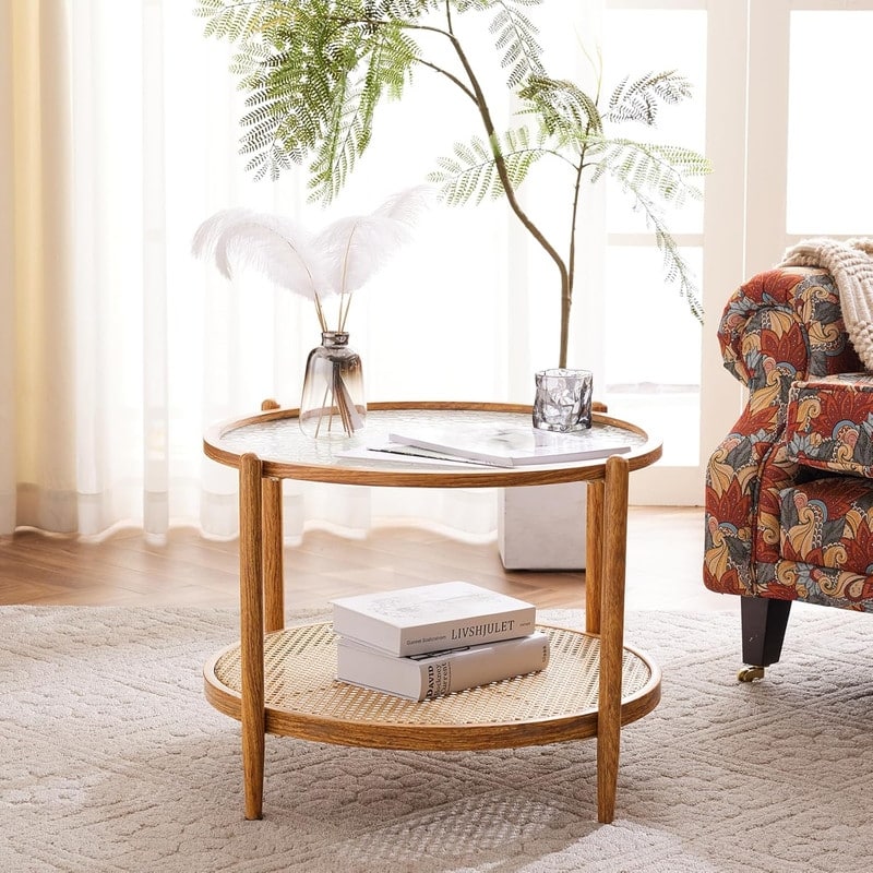 VINGLI Double-Layered Round Water Ripple Glass with Heat Transfer Wood Grain Iron Frame Coffee Table