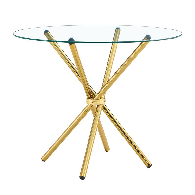 Roomfitters Clear Glass Dining Table for 4-6 with Ring-Shaped Silver Metal Legs for Kitchen or Work Space