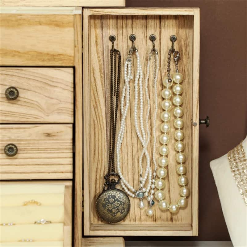 Brown Wooden Jewelry Box with Mirror and Rotating Doors, 4 Tier Storage Drawers for Rings and Necklaces