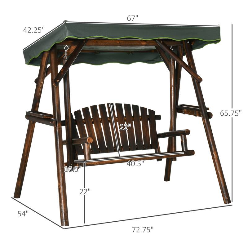 Outdoor Patio Swing Chair Wooden Bench With Canopy And Side Tray - 72.75" W x 54" D x 65.75" H