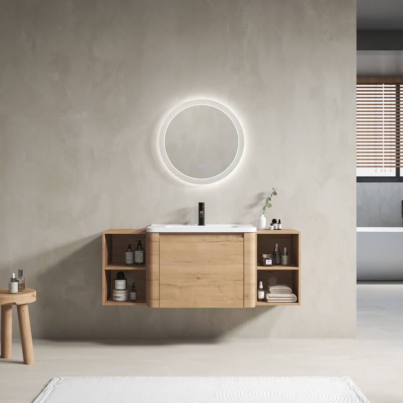 Floating Bathroom Vanity with Sink, Wall-Mounted Bathroom Storage Cabinet, Vanity Cabinet & Ceramic Sink Set - Imitative Oak - 52 Inch