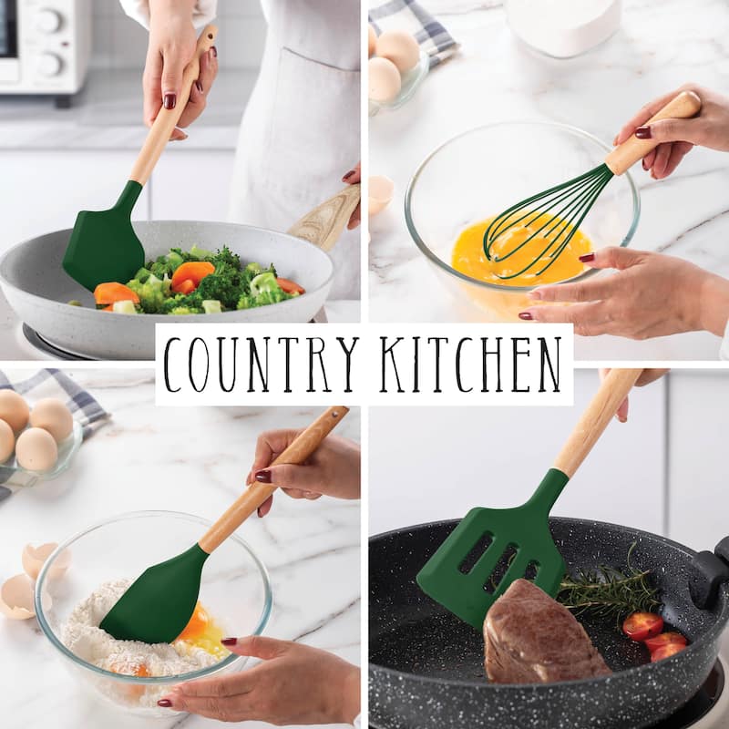 Country Kitchen Non Stick Silicone Utensil Set with Rounded Wood Handles for Cooking and Baking, 38 Piece Set
