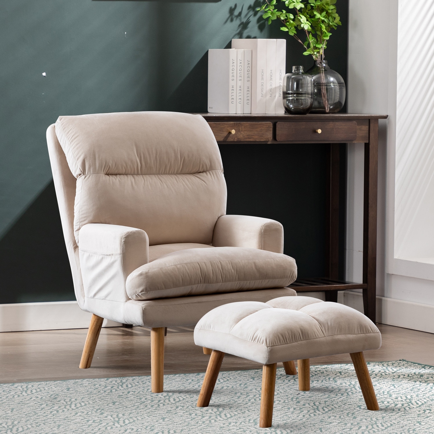 Velvet Fabric Armchair with Ottoman with Adjustable Backrest and Side Pockets