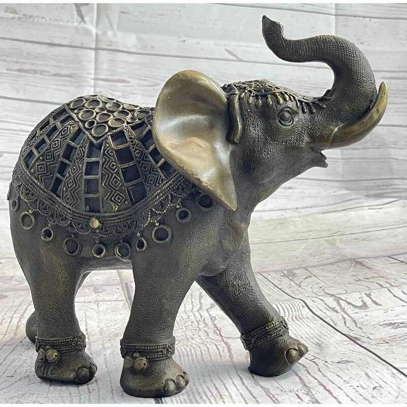Indian Imitative Elephant Bronze Metal Figurine Sculpture Decor Signed Original 8.5 Inches X 12 Inches