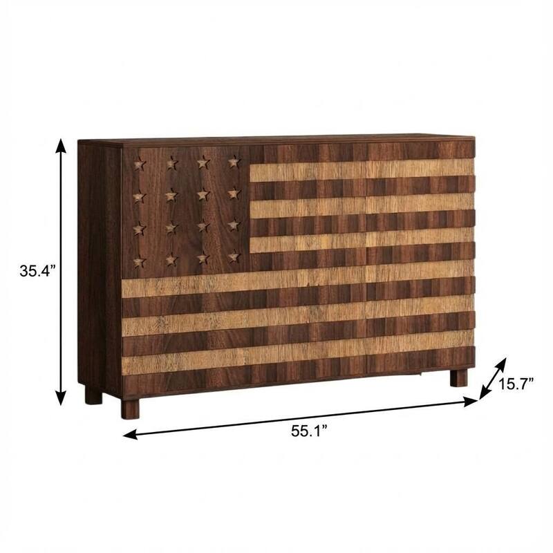 HomeRoots 55" Brown Solid Wood Carved American Flag Accent Cabinet With Three Doors And Two Drawers
