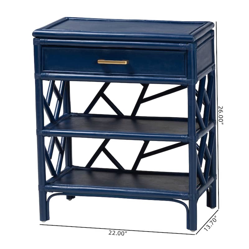 Daina Natural Rattan Nightstand with Drawer and Open Shelves- Coastal Bedside Table with Geometric Design