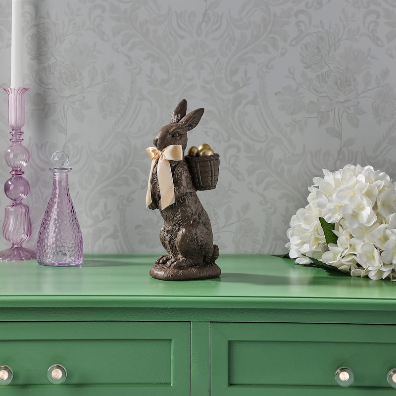 10" Resin Chocolate Bunny With Basket And Eggs