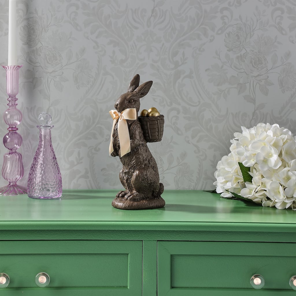 10" Resin Chocolate Bunny With Basket And Eggs