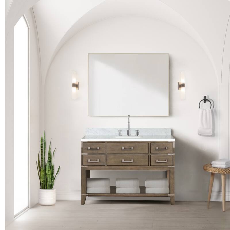 Lexora Norwalk Bath Vanity, Carrara Marble Top, Faucet Set, and Mirror