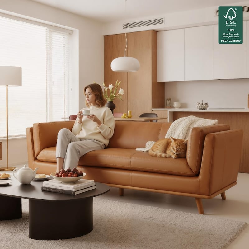 MCombo Napa Leather Couch, 88'' Leather Sofa, Full-Grain Leather Sofa for Solid Wood Accent, Vintage Italian Leather