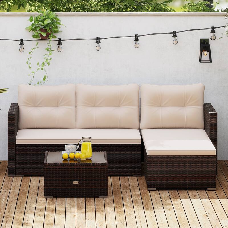 Gymax 4 Seats Outdoor Patio Furniture Set L-Shaped Couch Set for Yard