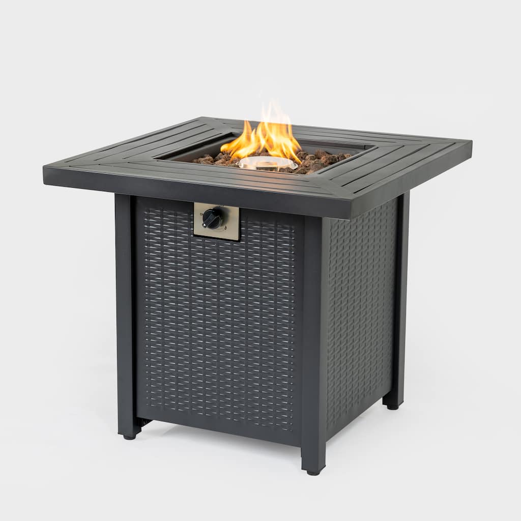 Anmytek Propane Fire Pit Table Outdoor Wicker Style Patio Heater with Lava Rocks Black Backyard Deck