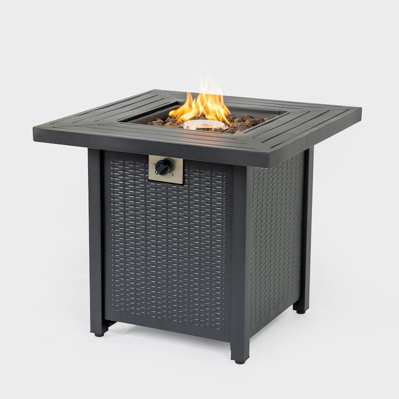 Anmytek Propane Fire Pit Table Outdoor Wicker Style Patio Heater with Lava Rocks Black Backyard Deck - Black