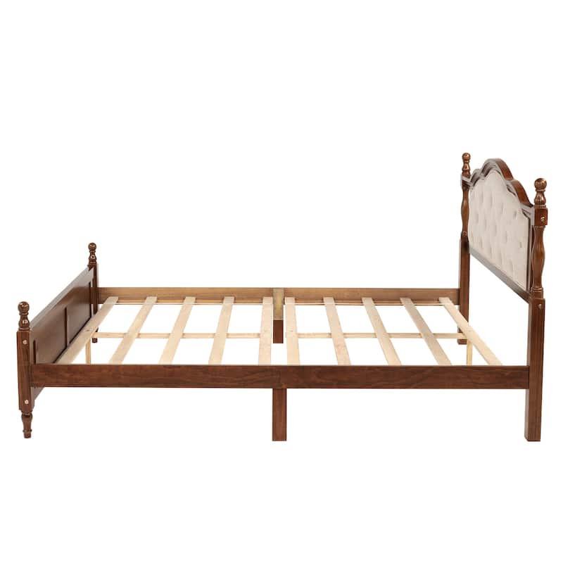 Classic Platform Bed Wooden Frame Queen Size Bed with Upholstered Tufted Headboard, Panel Footboard and Central Support Feet