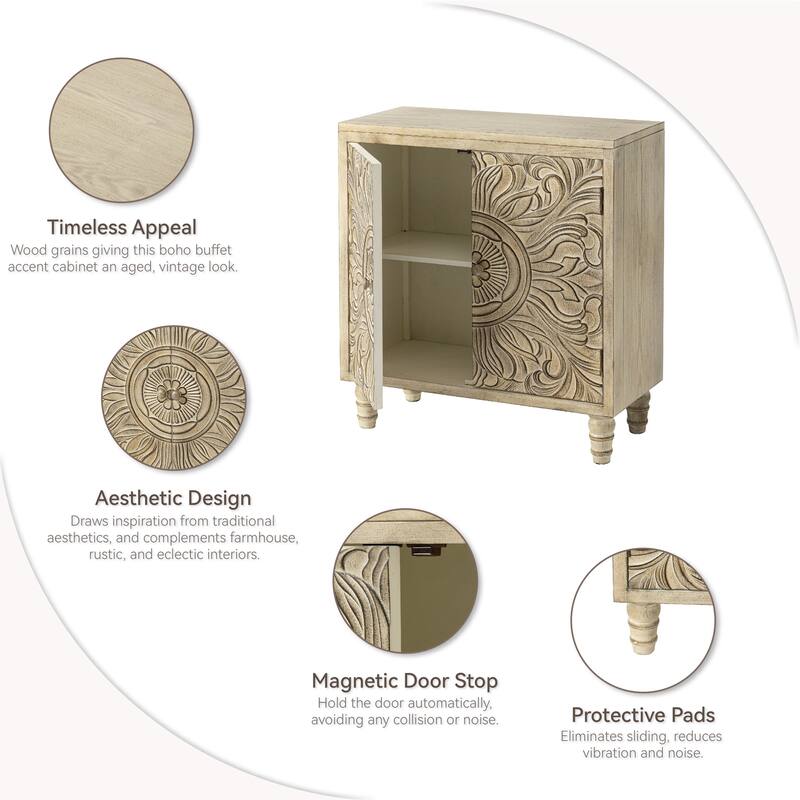 COZAYH Farmhouse Storage Cabinet with Craft Flower Motif Front, Distressed Boho Buffet Cabinet, French Country, Weathered White