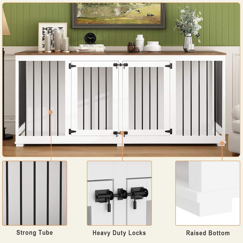 70.9" Large Double Wooden Dog Crate Furniture, Kennel with Dividers