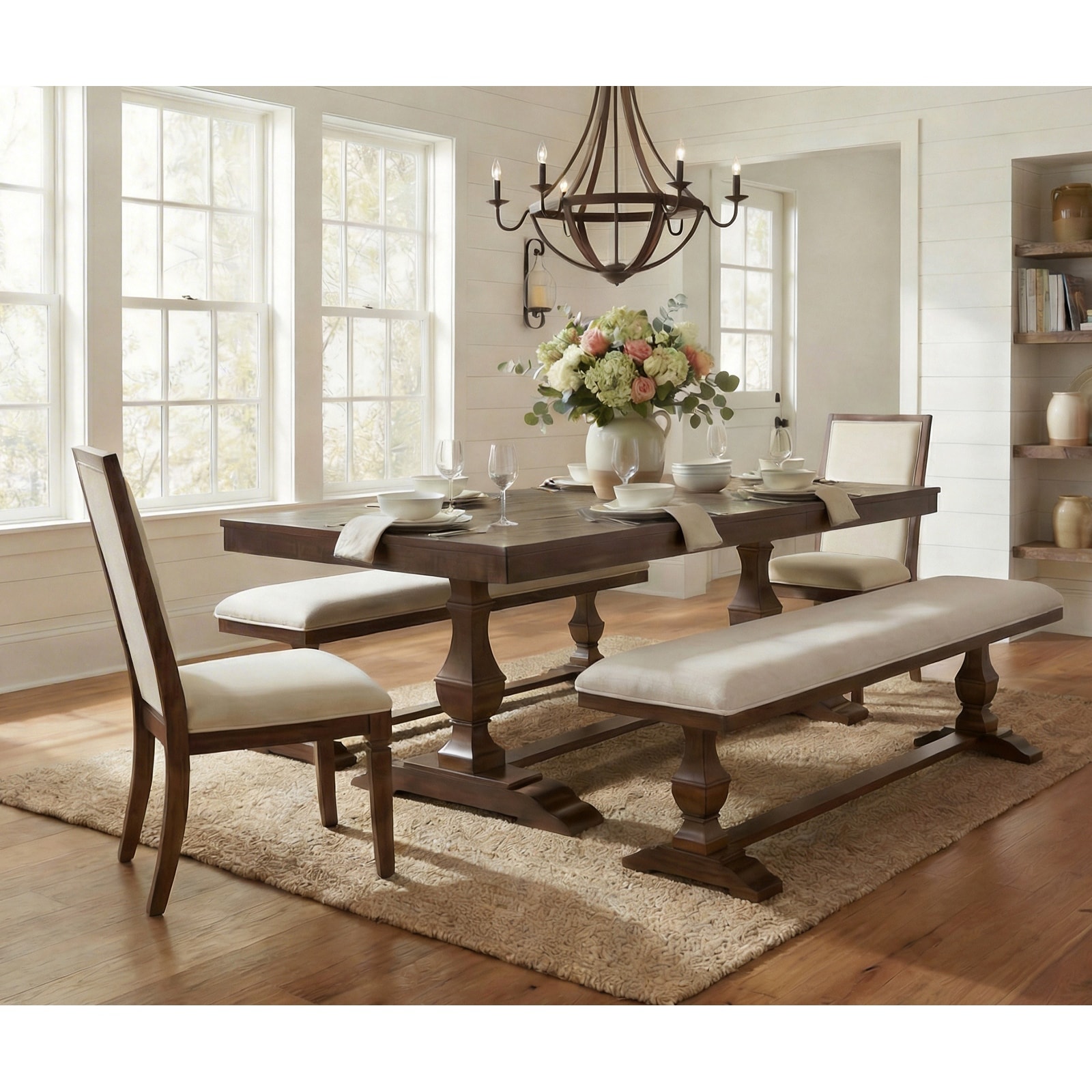 5-pieces Farmhouse Dining Table for 6, 74.8" Kitchen Table Set with 2 Benches and 2 Chairs, Solid Wood Legs and Cushion Seat