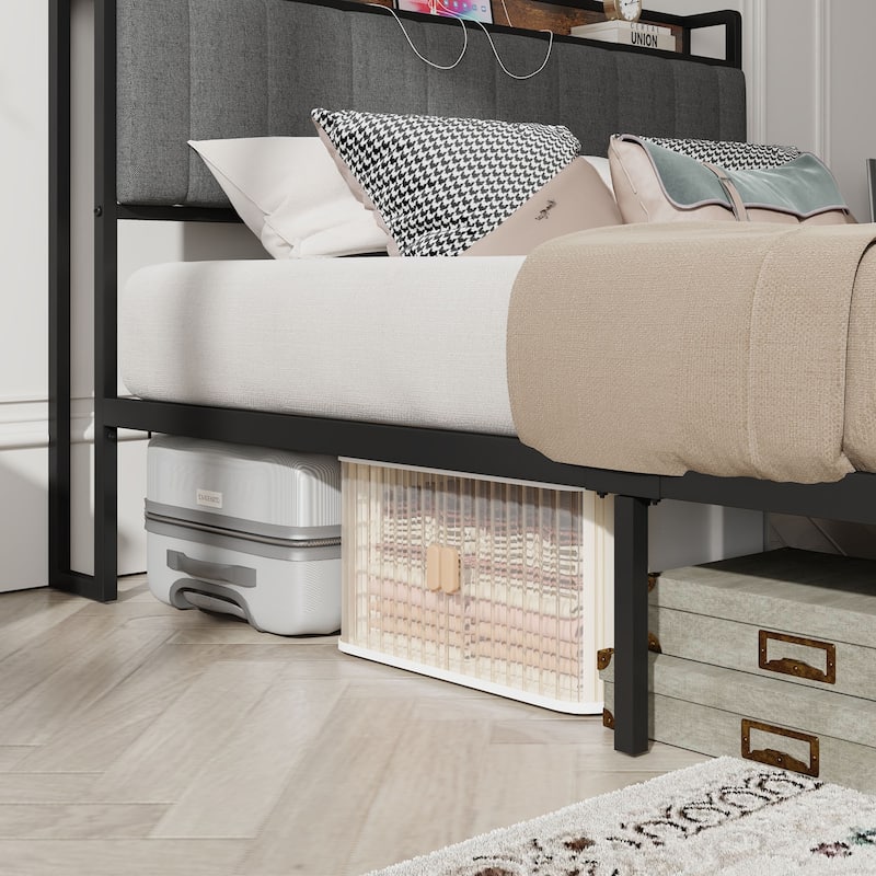 Full Size American Design Metal Platform Bed with Charging Station and Upholstered Headboard