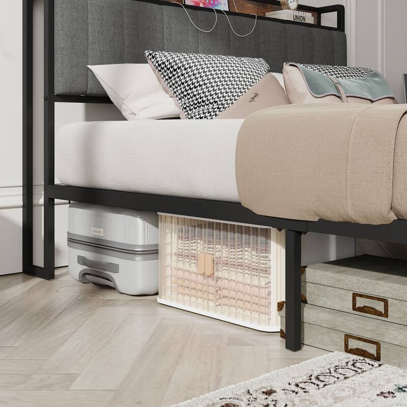 Queen/Full Size Bed Frame with USB Charging Ports, Upholstered Headboard, and Metal Slats