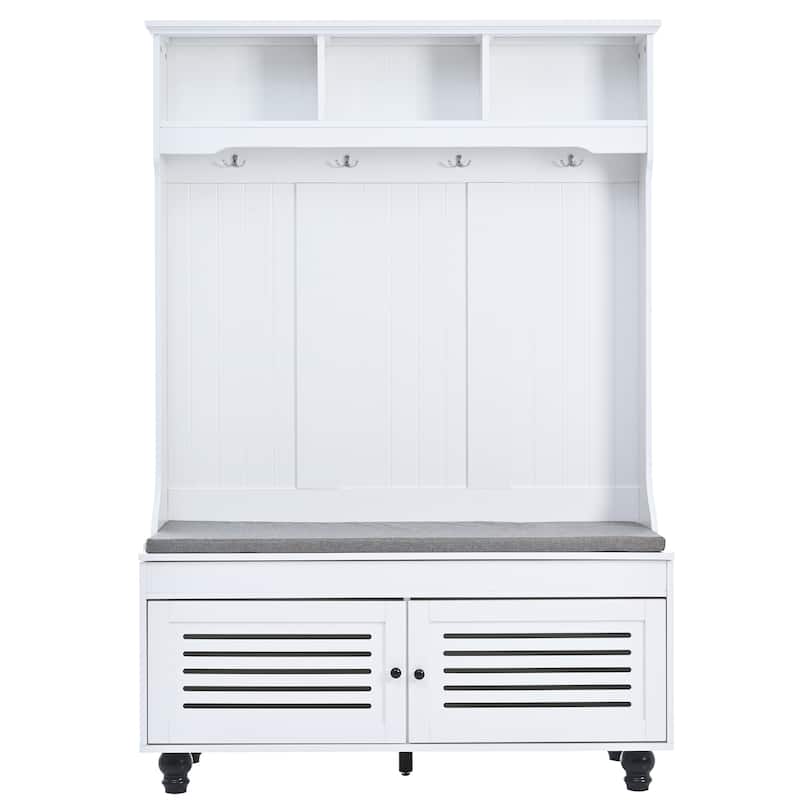 Hall Tree with 4 Sturdy Hooks, Wood Coat Rack with Shutter-Shaped Doors, Entryway Bench with Lockers and Cushion