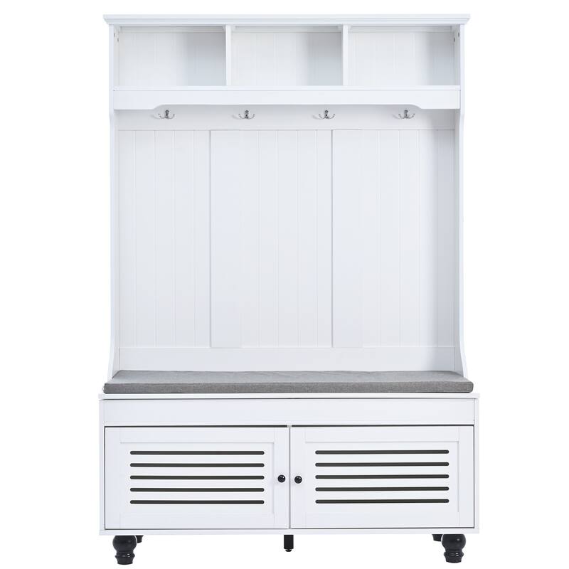 Roomfitters Hall Tree with Shutter Doors, Entryway Bench with Cushion, Hooks and Storage Organizer