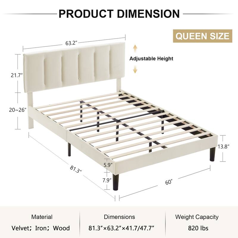 VECELO Beige Tufted Upholstered Platform Bed Frame with Adjustable Height Headboard-Twin/Full/Queen Size Beds