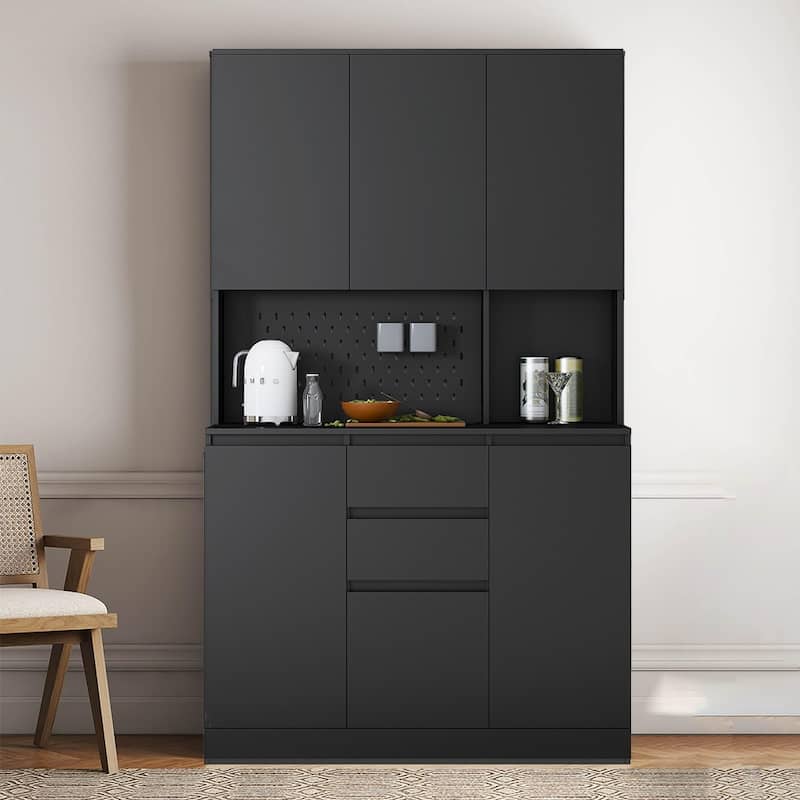74" Freestanding Kitchen Pantry Cabinet w/Drawers, Storage Microwave - W43.66*D15.74*H74.00 - Black