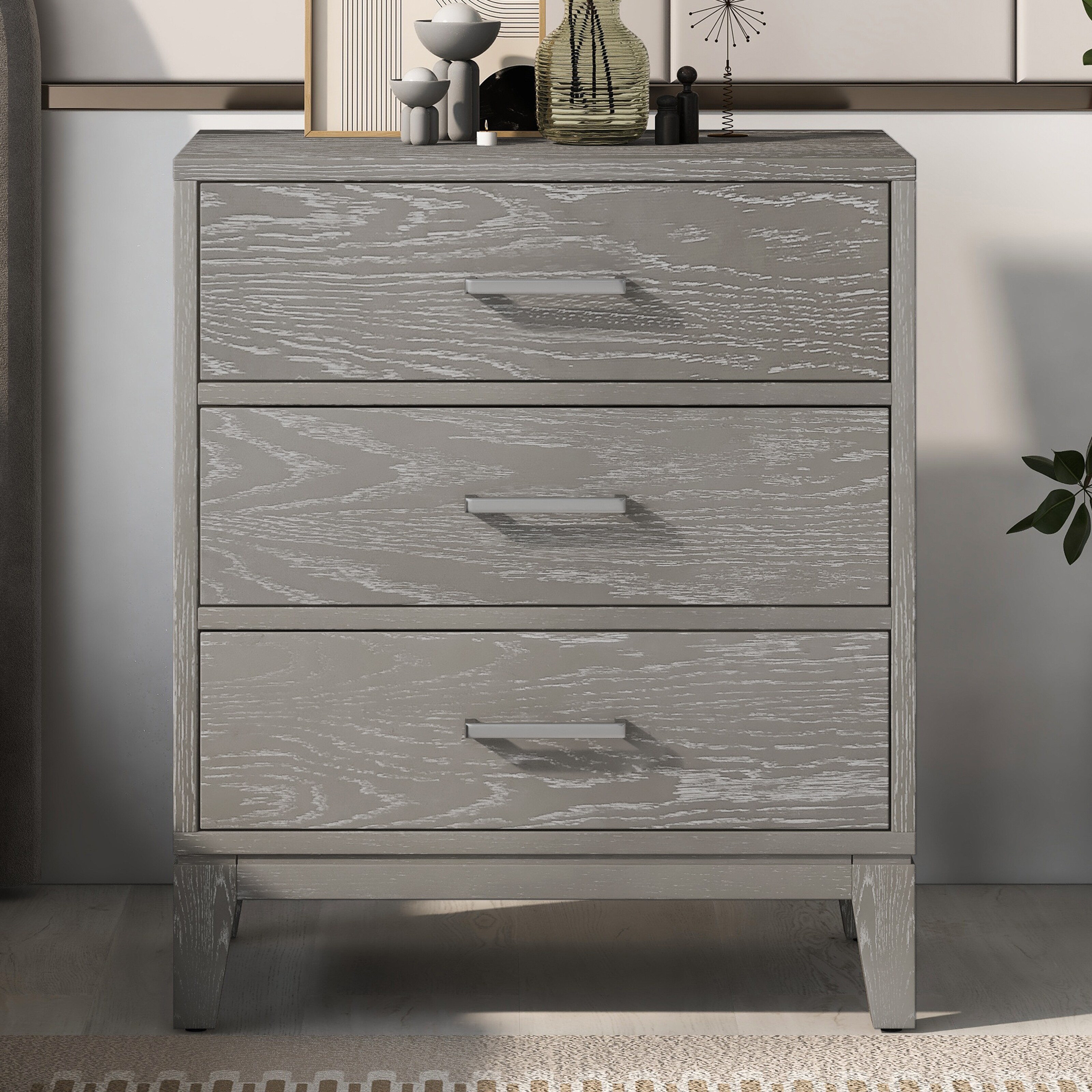 Modern Concise Style Wood Grey grain Three Drawer Nightstand with Tapered Legs and Smooth Gliding Drawers