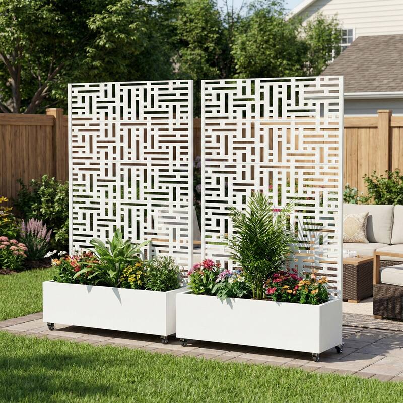 Metal Movable Planter Box with Trellis Privacy Screen Lockable Wheels
