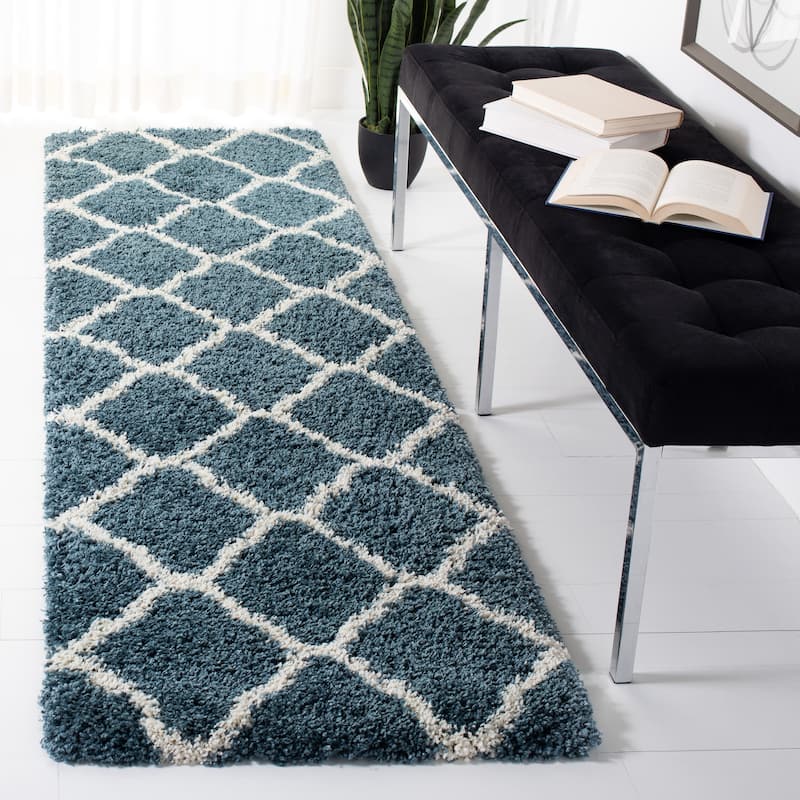 SAFAVIEH Hudson Shag Athena Trellis 2-inch Thick Rug - 2'3" x 8' Runner - Slate Blue/Ivory