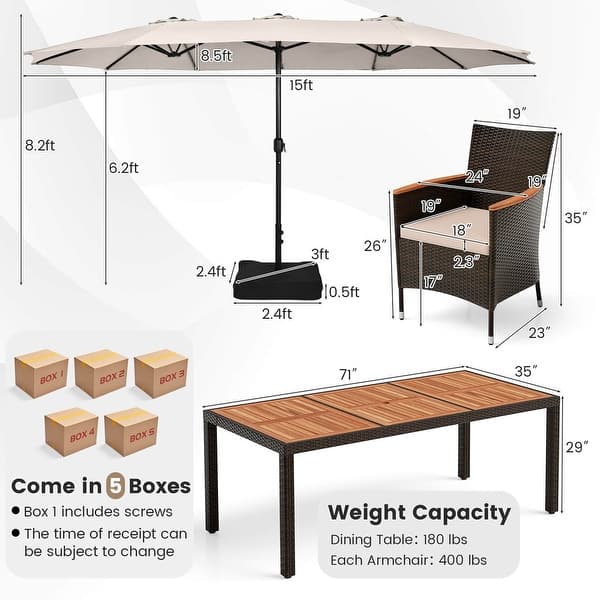 dimension image slide 2 of 5, Costway 11 PCS Patio Dining Set with 15ft Double-Sided Patio Umbrella