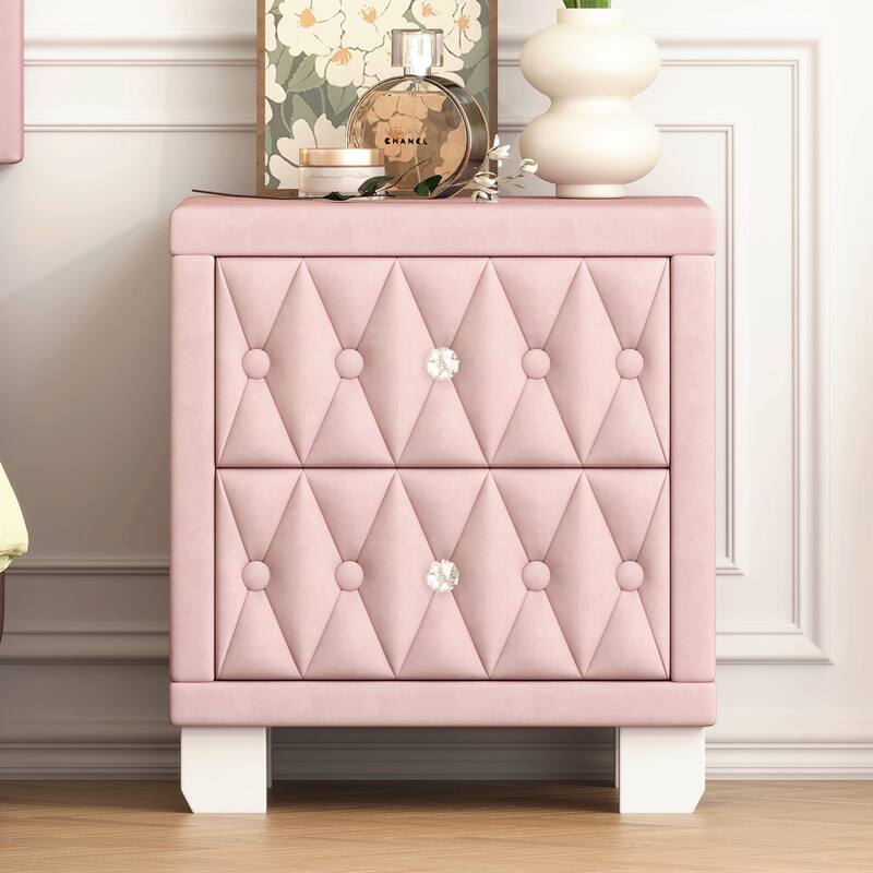 Velvet Nightstand with 2 Drawers and Crystal Handles