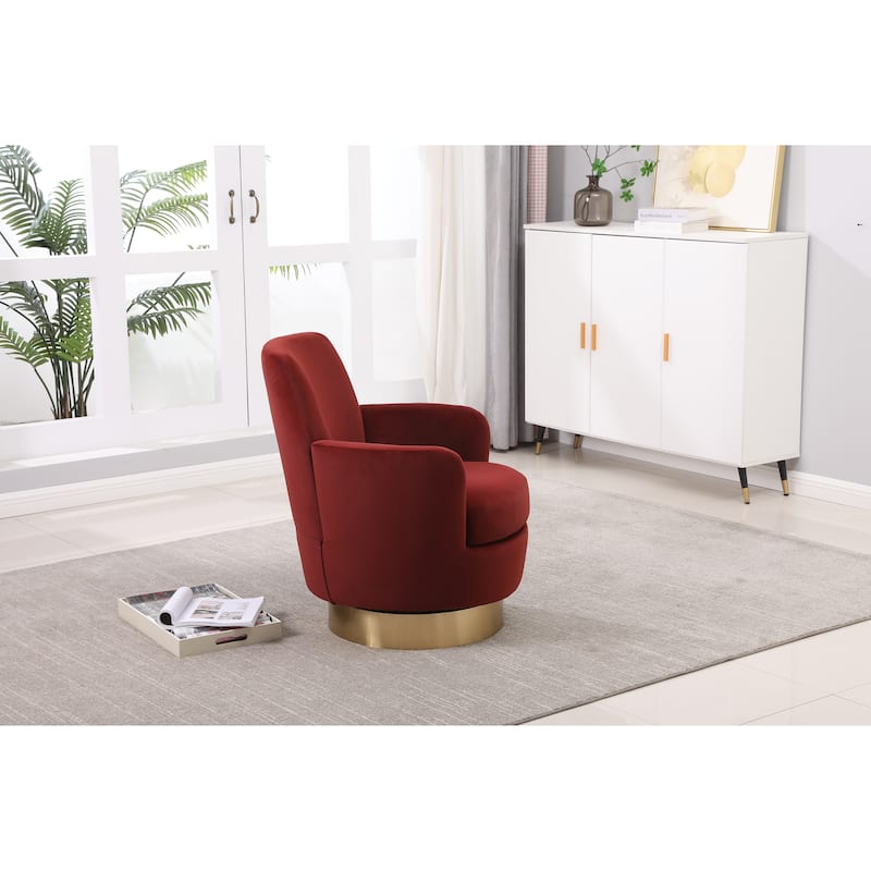Red Velvet Modern 29.3" Upholstered Swivel Barrel Chair with Gold Stainless Steel Base