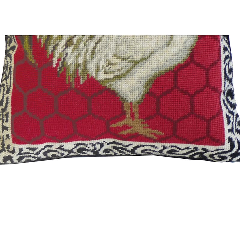14" x 14" Red Black & White Rooster Needlepoint Pillow