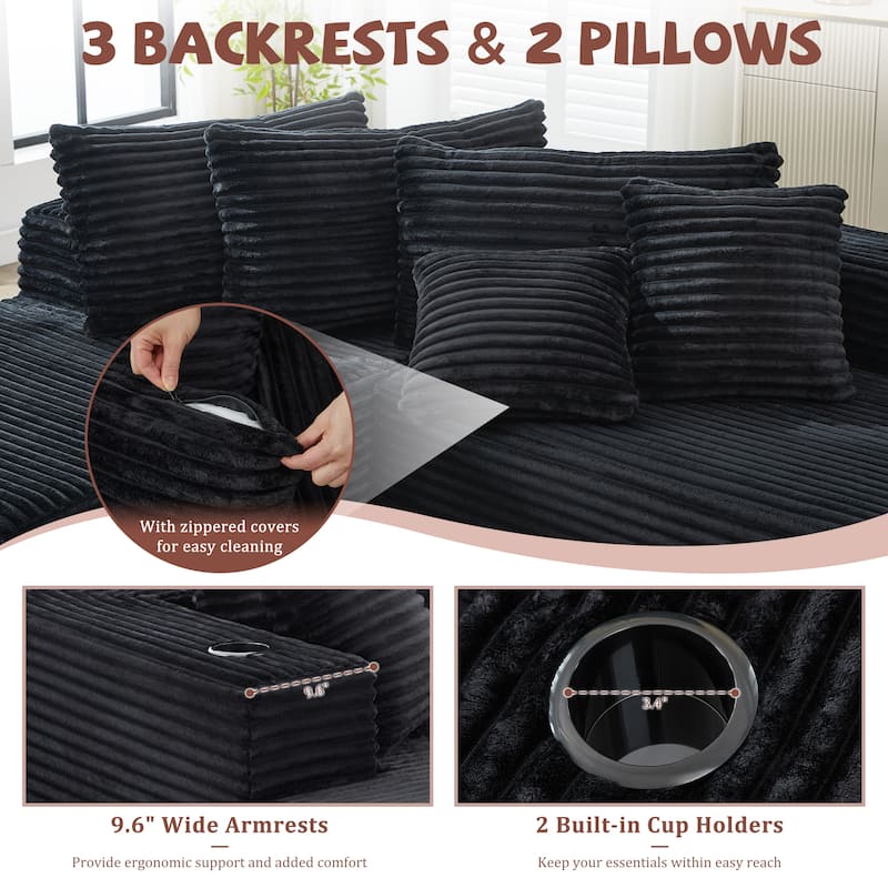 104" Upholstered No-Assembly Modular Sofa Chaise Sofa with Cupholders, Free Combination