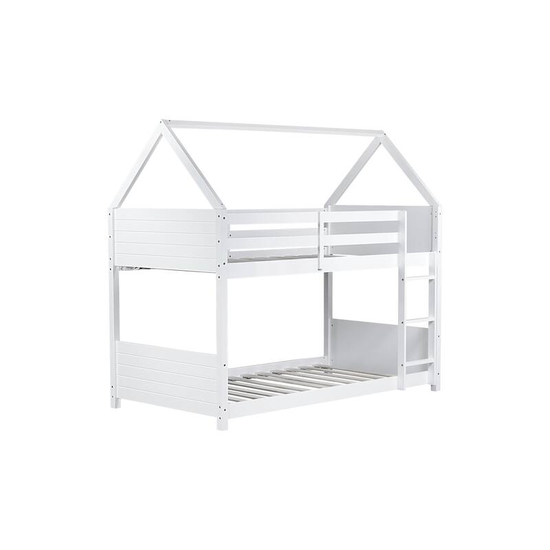 Twin Over Twin House Bunk Bed with Playful Roof Design Safety Guardrails & Ladder (250lb Capacity)