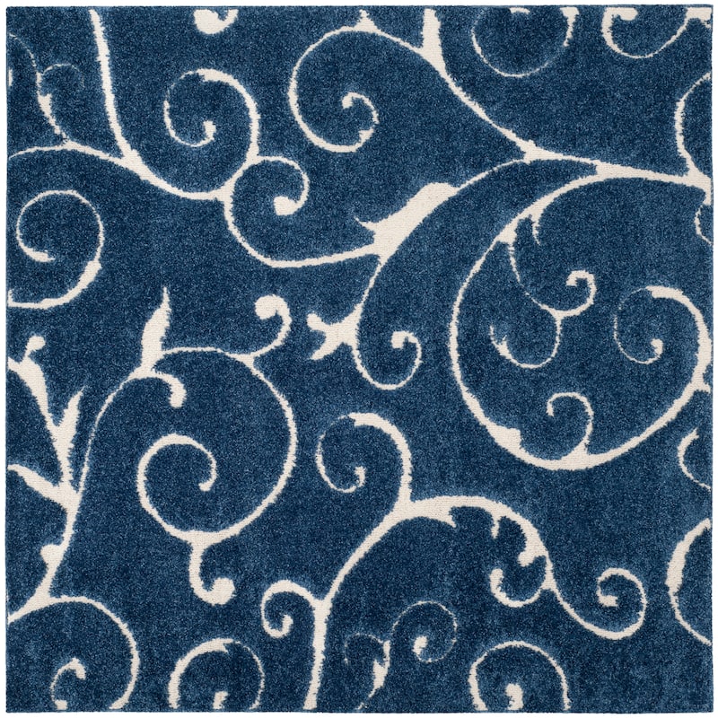 SAFAVIEH Florida Shag Shahin Scroll 1.2-inch Thick Textured Rug - 6'7" Square - Dark Blue/Cream