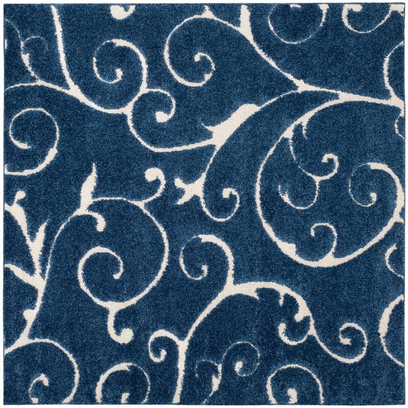 SAFAVIEH Florida Shag Shahin Scroll 1.2-inch Thick Textured Rug - 9' x 9' Square - Dark Blue/Cream