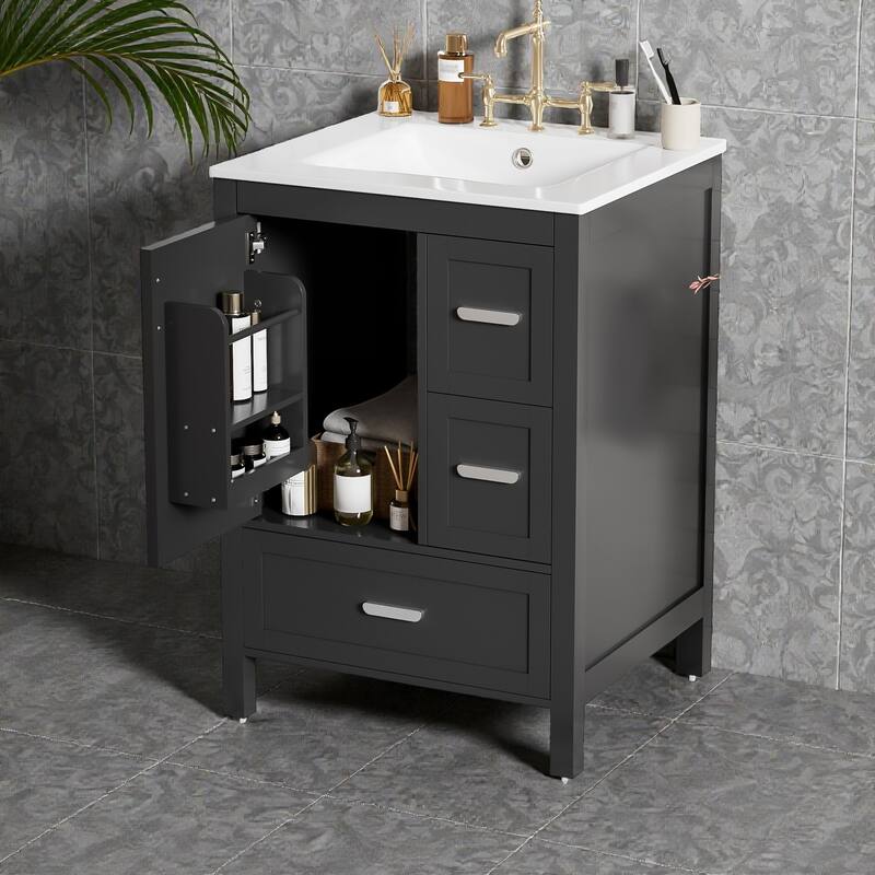 24" Bathroom Vanity with Ceramic Sink, Soft-Close Door, Double-Shelf Storage & 3 Drawers, Solid Wood Frame