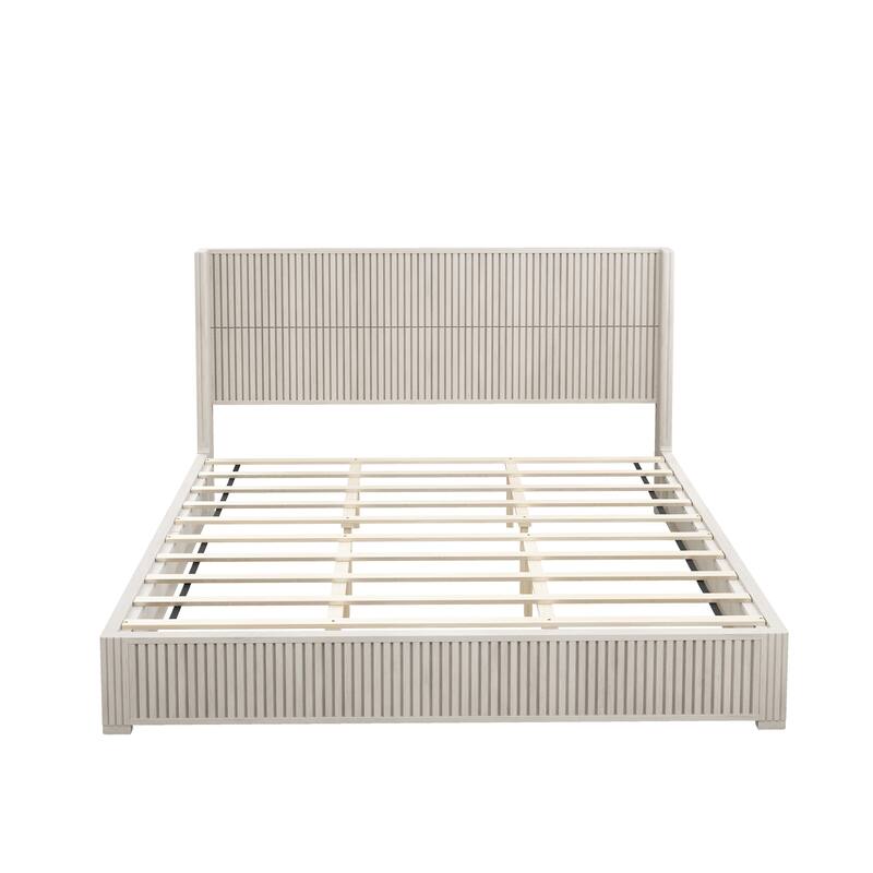 GDFStudio - Modern Solid Wood Low-Profile Platform Bed Frame with Fluted Headboard, Heavy-Duty Support & No Box Spring Needed