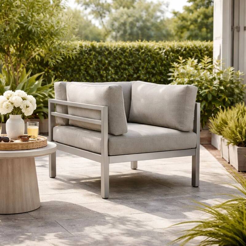 Cilo 34 Inch Outdoor Armchair, Gray Aluminum, Water Resistant Cushions