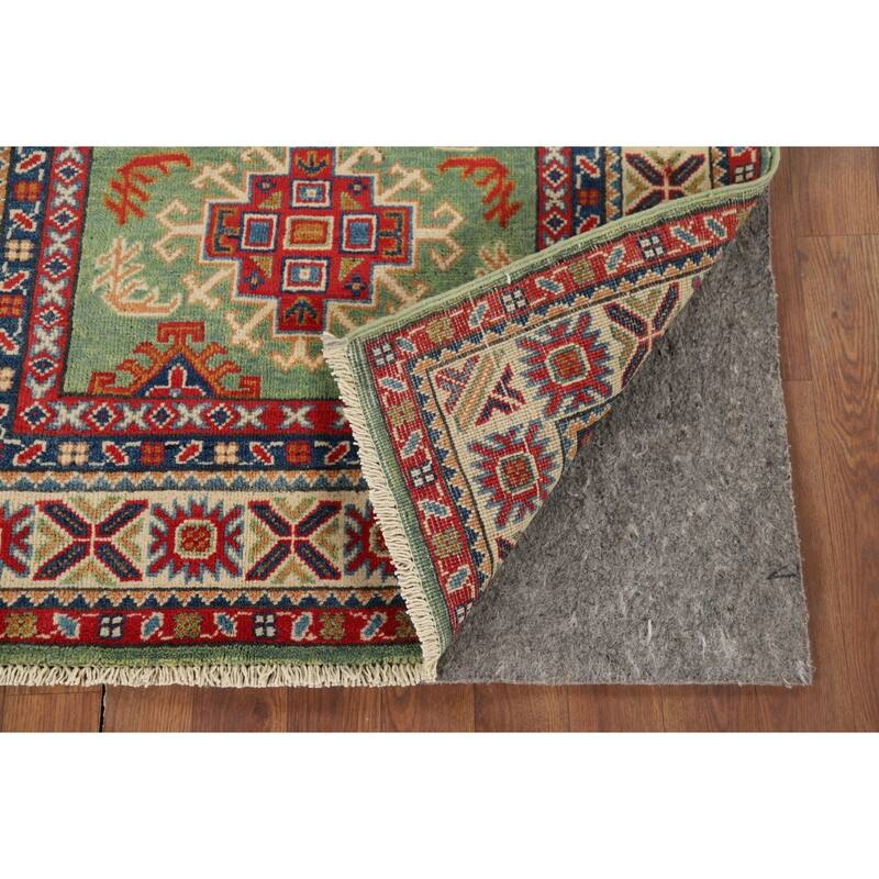 Green Geometric Kazak Foyer Rug Handmade Wool Carpet - 3'1" x 4'11"
