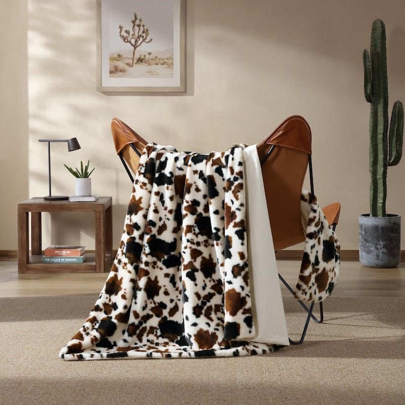 Wrangler Spotted Cow Print Faux Fur Brown Throw Blanket
