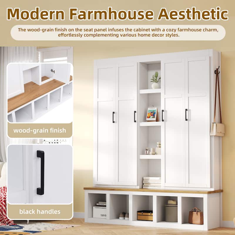 Farmhouse Hall Tree with Bench & 6 Hooks, 62.9"W Shoe Storage, Entryway Organizer for Mudroom, Living Room