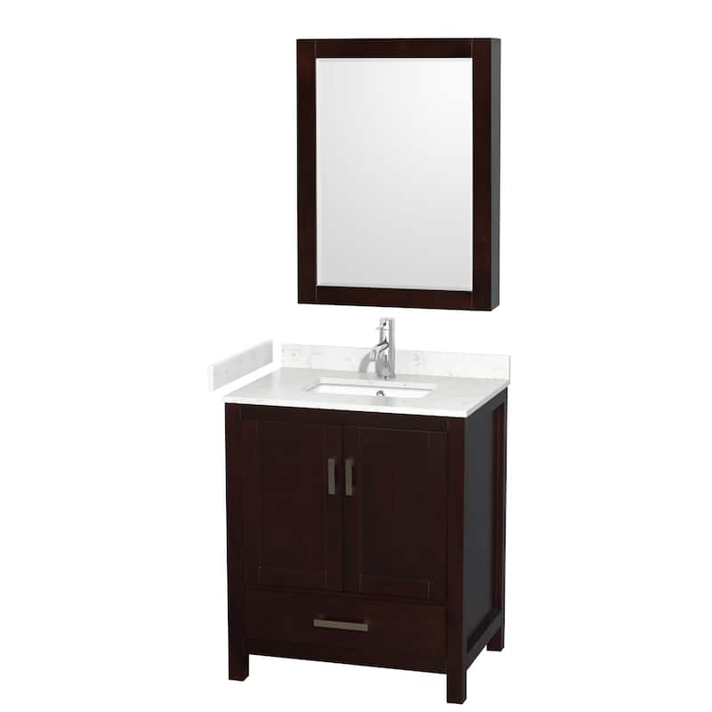 Wyndham Collection Sheffield 30" Single Bathroom Vanity, Carrara - Espresso / Carrara Cultured Marble Top / Brushed