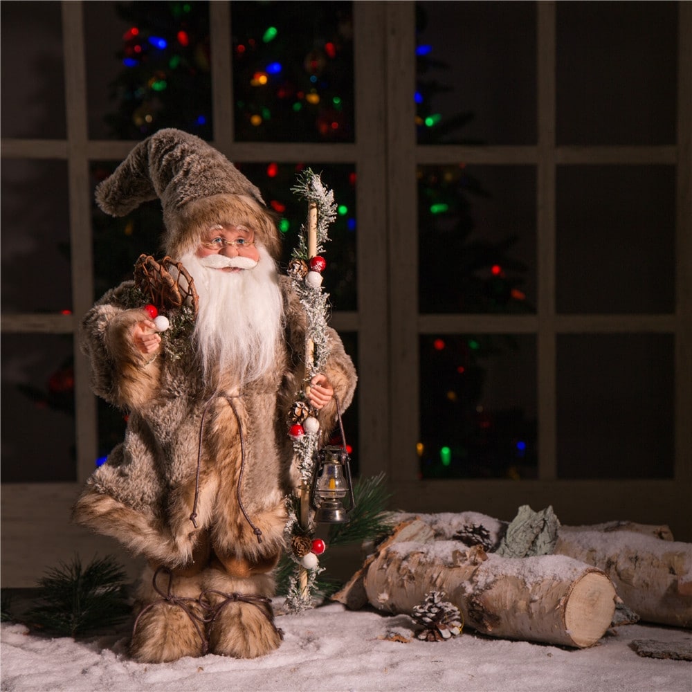 Glitzhome Christmas Imitative Fur Woodland Santa Figurine with Porcelain Face
