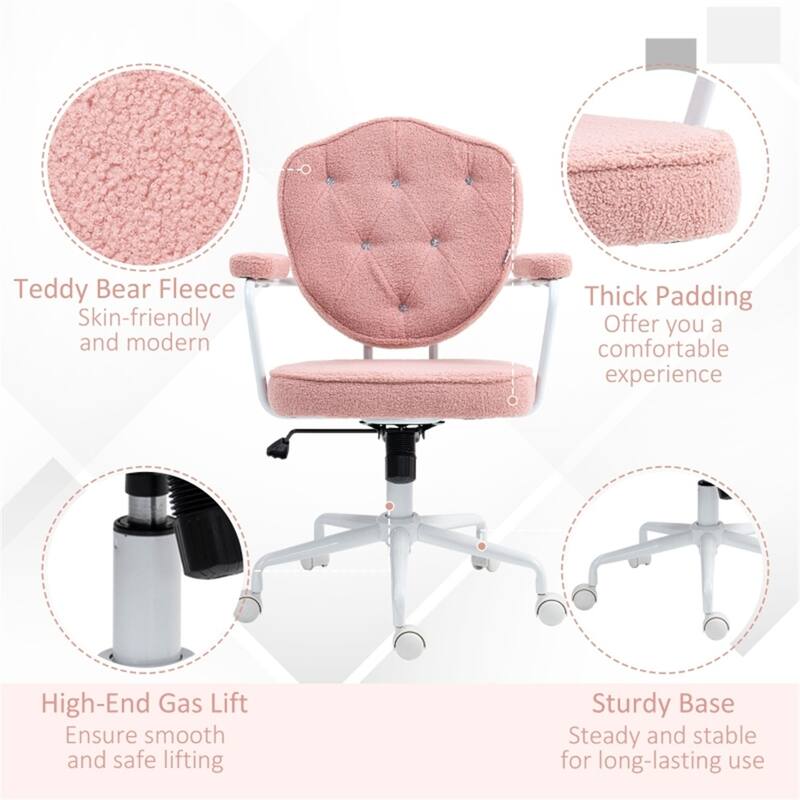 Pink Teddy Bear Fleece Office Chair with Rhinestone Back and Swivel - 24.8" W x 24.2" D x 36.6" - 39.8" H
