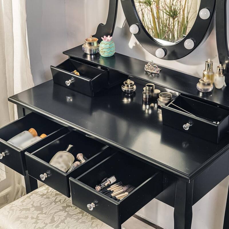 Modern Vanity Desk with Oval Mirror and Stool - Wood Makeup Dressing Table, 3 Lighting Modes, 5 Large Drawers