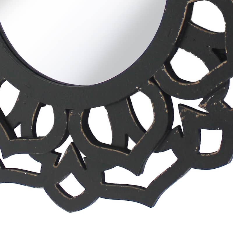 Wooden Mirror Blooming Lotus Wall Decor Set of 2 with Floral Engraving, Black